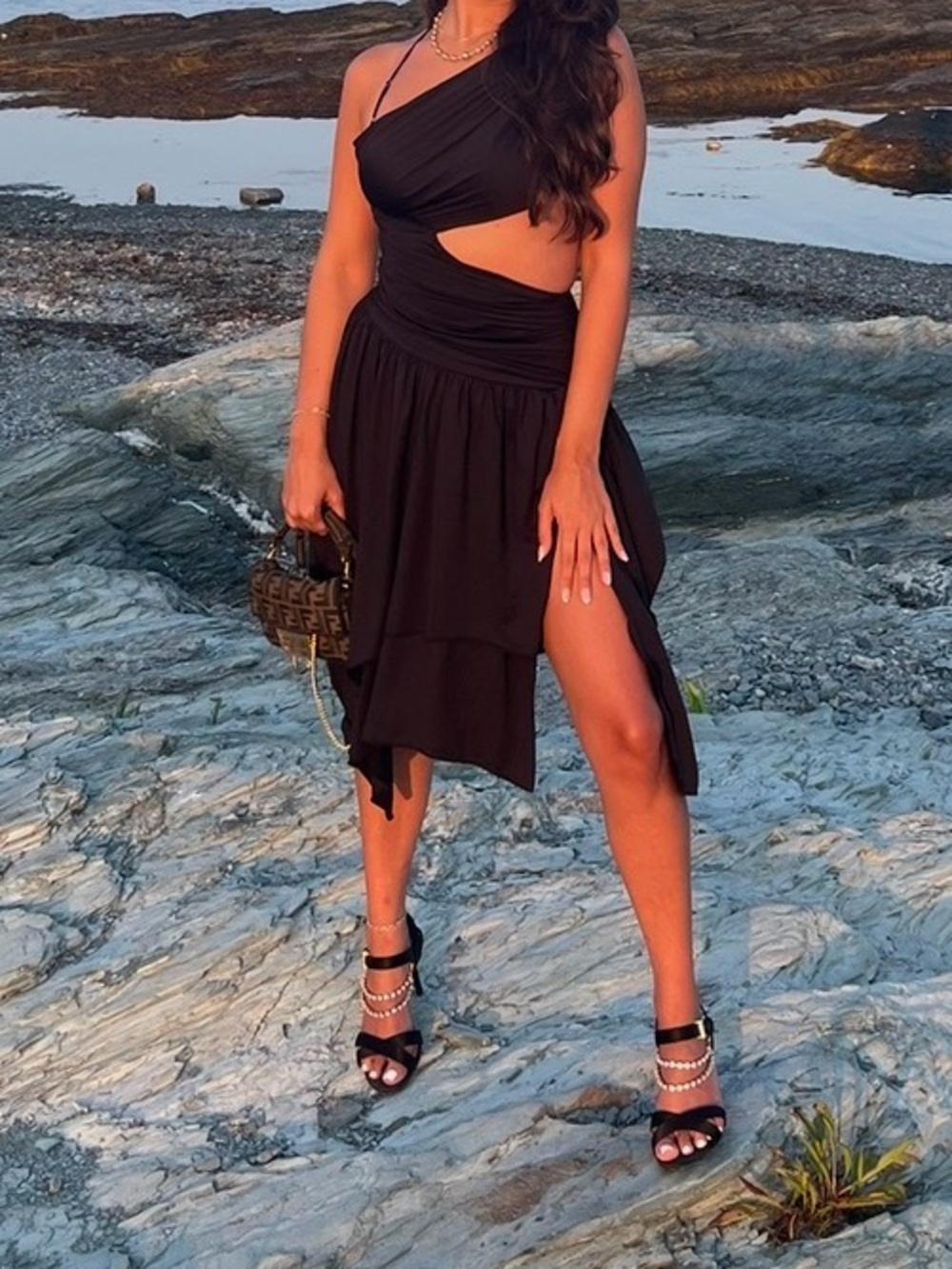 One-Shoulder Black Draped Cocktail Dress